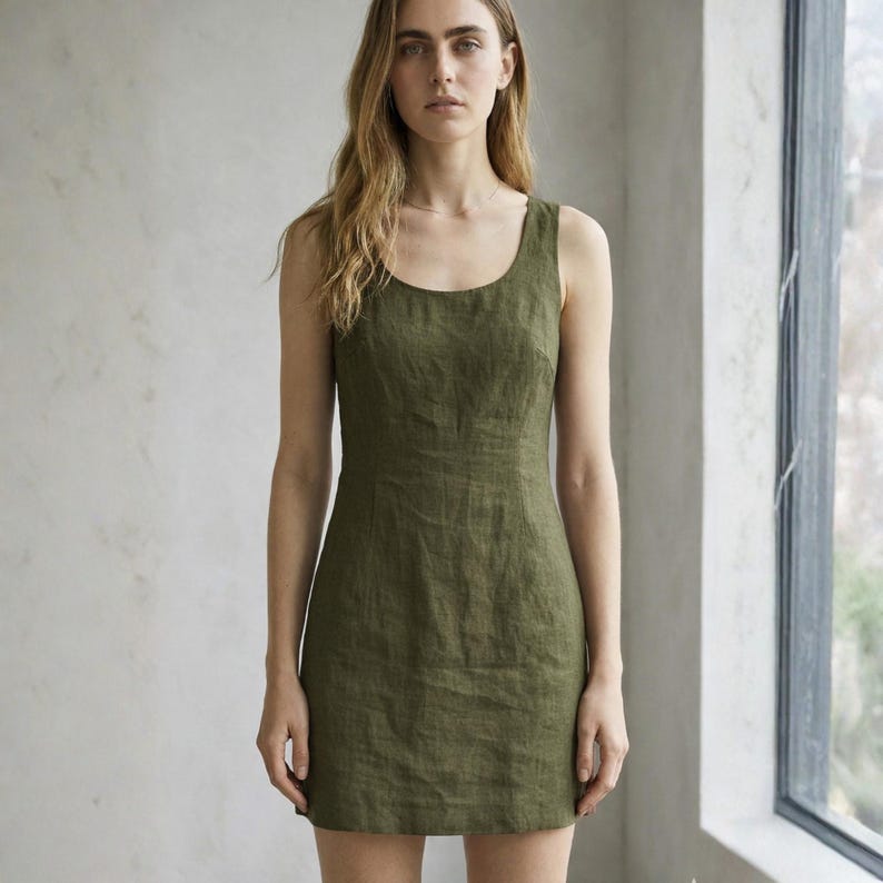 Puede incluir: Vestido sin mangas verde oliva con cuello redondo. El vestido est&aacute; hecho de una tela texturizada y tiene una silueta ajustada. El vestido llega hasta la mitad del muslo. La modelo est&aacute; de pie frente a una ventana.