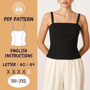 Patrón de costura para top de tirantes (PDF), patrón de top de lino estilo corsé, blusa de tirantes DIY, tallas XS-3XL, A4/Carta/A0 / Top de tirantes de verano