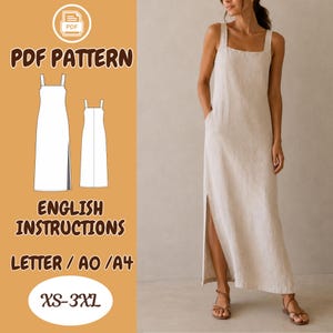 Può includere: Un cartamodello in PDF per un abito beige senza maniche, lungo fino ai piedi, con scollo quadrato e spacco laterale. Il file digitale include istruzioni in inglese nei formati Letter, A0 e A4, per le taglie dalla XS alla 3XL, come illustrato.