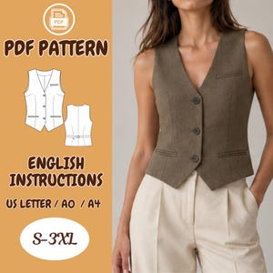 May include: A PDF pattern for a sleeveless waistcoat with English instructions, available in sizes S-3XL for US Letter, A0, and A4 formats. The waistcoat is olive green with a V-neck, three front buttons, two welt pockets, and a tailored fit.