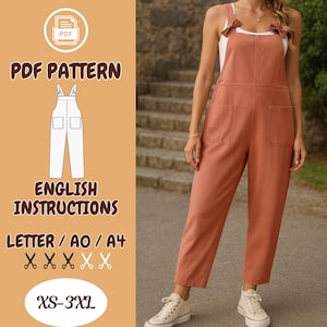 May include: PDF sewing pattern for a pair of overalls with a wide leg and a tie at the shoulders. The pattern includes English instructions and is available in sizes XS-3XL. The pattern is printed on letter, A0, or A4 paper.