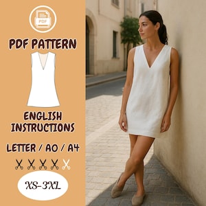 Könnte beinhalten: Ein PDF-Schnittmuster für ein ärmelloses weißes Kleid mit V-Ausschnitt. Das Schnittmuster enthält englische Anleitungen und ist in den Größen XS-3XL erhältlich. Das Schnittmuster ist in den Formaten Letter, AO und A4 erhältlich.