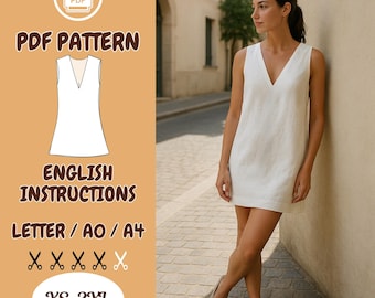 May include: A PDF pattern for a sleeveless white dress with a V-neckline. The pattern includes English instructions and is available in sizes XS-3XL. The pattern is available in Letter, AO, and A4 sizes.