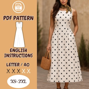 Puede incluir: Un vestido crema sin mangas con lunares negros. El vestido tiene un corpiño ajustado y una falda acampanada, con bolsillos. La imagen también muestra un patrón PDF con instrucciones en inglés, tallas XS-3XL, y el texto "PDF PATTERN".