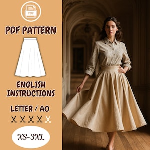 May include: A woman wearing a beige skirt and a patterned button-down shirt. The image includes a diagram of a skirt pattern with the text "PDF PATTERN", "ENGLISH INSTRUCTIONS", "LETTER / AO", and "XS-3XL".