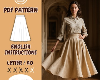 Vintage Cottagecore Circle Pockets Skirt Sewing Pattern PDF : Flare Linen Midi Apron, A-Line