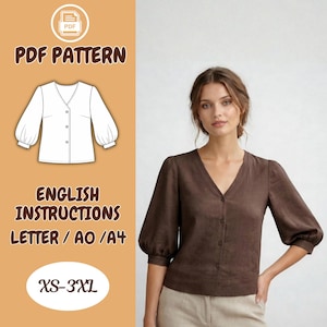 May include: A brown V-neck blouse with three-quarter sleeves and button closures. The image also features a PDF pattern with English instructions for a blouse, available in sizes XS-3XL.