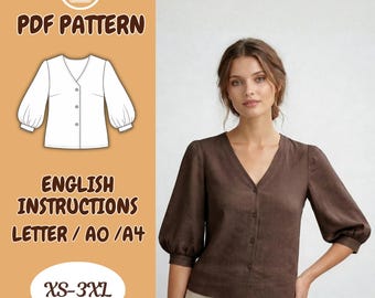 V-Neck Blouse Sewing Pattern, PDF Bishop Sleeve Button Front Top XS 3XL