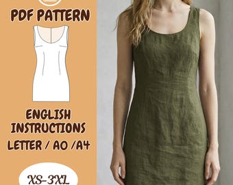 Linen Mini Dress Sewing Pattern,Sleeveless Scoop Neck A-Line Fitted Dress XS 3XL Printable Pattern