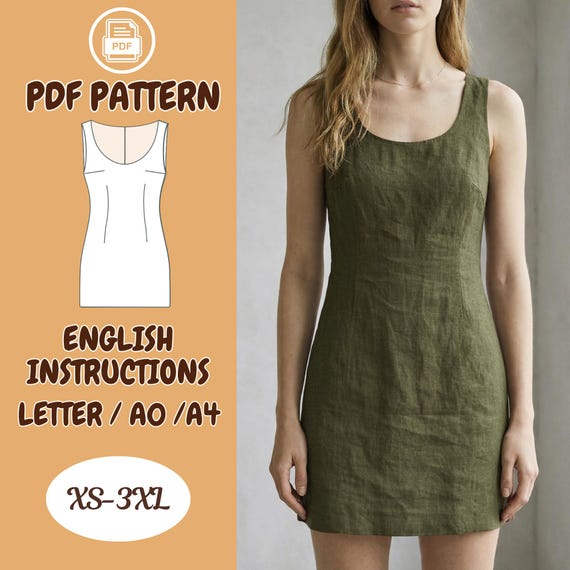 Linen Mini Dress Sewing Pattern,Sleeveless Scoop Neck A-Line Fitted Dress XS 3XL Printable Pattern