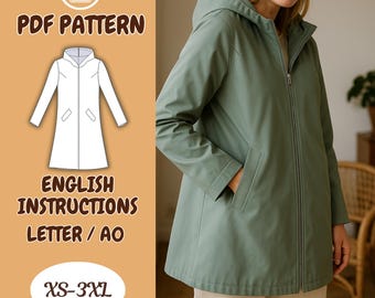 Patrón de costura en PDF para chaqueta minimalista con capucha – Abrigo con cremallera frontal, forrado, impermeable