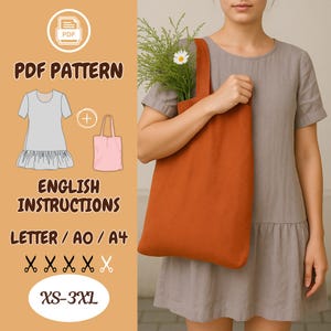 Tunikaklänning med sänkt midja i linne PDF-sömnadsmönster | Mönster för tygväska ingår | Peplumklänning | Kortärmad | Knappad baktill | Lång blus