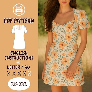 May include: A PDF sewing pattern for a floral print dress with a sweetheart neckline and short sleeves. The pattern includes English instructions and is available in sizes XS-3XL.