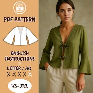 Puede incluir: Una blusa de lino verde con cuello en V y mangas acampanadas, atada con lazos. La imagen incluye un patrón PDF con instrucciones en inglés. Tallas disponibles: XS-3XL. La modelo lleva la blusa.