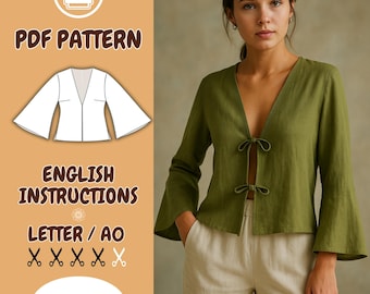 Leinen Wrap Top Glockenärmel Schnittmuster - Bluse Optional Tie Front, Ausgestelltes - Lockere Spitze Crop Tops