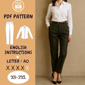 Molde de Calça e Camisa Feminina Clássica Sob Medida em PDF | Calças de Cintura Alta | A0 + Carta | PP–3GG | Instruções em Inglês
