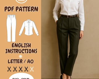 Classic Women&#39;s Tailored Pants & Shirt Sewing Pattern PDF | High-Waist Trousers | A0 + Letter | XS–3XL | English Instructions
