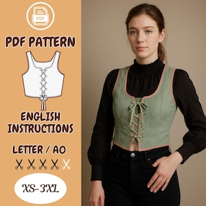 May include: A sage green corset-style top with a lace-up front and pink trim. The image also shows a PDF pattern with English instructions, sizes XS-3XL, and the text "PDF PATTERN".