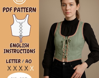 Corset Vest Sewing Pattern PDF: Renaissance Laced Bodice Top (XS-3XL) (Digital Download
