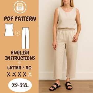 May include: A woman wearing a beige linen tank top and matching pants. The image also shows a PDF pattern with a tank top and pants illustration, plus text that reads "PDF PATTERN", "ENGLISH INSTRUCTIONS", and "XS-3XL".