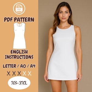 Patrón de costura para minivestido sin mangas en PDF / Vestido de verano de corte A / Apto para principiantes / Patrón digital / Tallas XS-3XL / Carta (EE. UU.), A4, A0