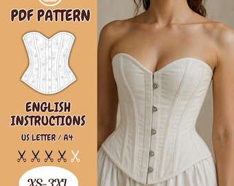 May include: A PDF pattern for a corset with English instructions, available in US Letter and A4 sizes for XS-3XL. The image displays a cream-colored strapless corset with a front busk closure and vertical boning channels, alongside a line drawing.