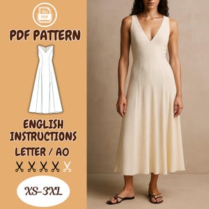 Op de afbeelding: Een crèmekleurige mouwloze jurk met een V-hals en een uitlopende rok. De afbeelding bevat ook een PDF-patroon met de tekst "PDF PATTERN", "ENGLISH INSTRUCTIONS" en de maatreeks "XS-3XL".