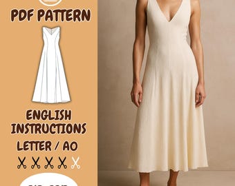 May include: A cream-colored sleeveless dress with a V-neck and a flared skirt. The dress is worn by a person. The image also includes a PDF pattern with the text "PDF PATTERN", "ENGLISH INSTRUCTIONS", and size range "XS-3XL".
