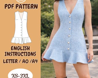 Mini Ruffled Textures Pinafore Dress, Peplum, Sleeveless, Plugin V-neck, Button Front XS-3XL