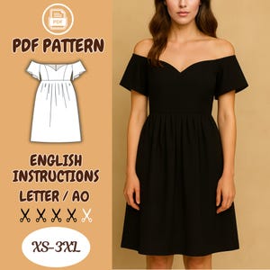 May include: Black off-the-shoulder dress with short sleeves. The dress has a fitted bodice and a flared skirt. The image also includes a PDF pattern with the text "PDF PATTERN", "ENGLISH INSTRUCTIONS", and size range "XS-3XL".