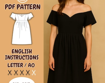 Off Shoulder Skater Dress Sewing Pattern: Fit & Flare (PDF Download, XS-3XL)