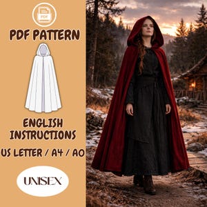 Puede incluir: Una mujer con una capa roja con capucha y un vestido negro. La imagen también incluye un patrón PDF con instrucciones en inglés para una capa unisex, disponible en tamaños US Letter, A4 y AO. La capa es de color rojo intenso y fluida.