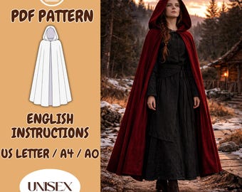 Sewing Cloak PDF Pattern, Medieval Hooded Long Cape, Gothic Cosplay, Elven Costume