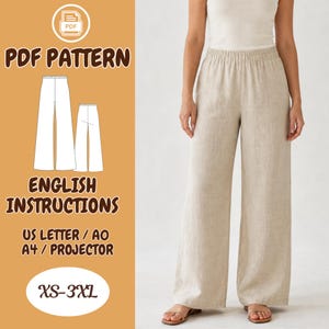 May include: A PDF sewing pattern for wide-leg trousers with an elastic waistband, featuring English instructions for US Letter, A0, A4, and projector formats. The pattern includes sizes XS-3XL, shown alongside beige linen-look trousers.