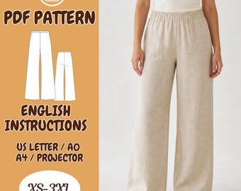 Wide Leg Linen Pants Sewing Pattern PDF, Elastic Waist XS-3XL
