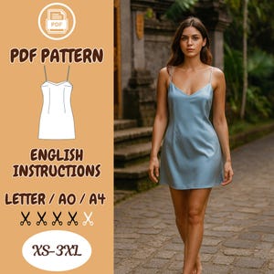 May include: A light blue slip dress with spaghetti straps. The dress is worn by a person walking on a stone path. The image also includes a PDF pattern with English instructions, available in sizes XS-3XL.