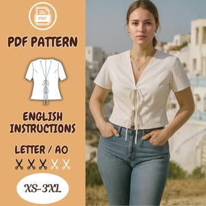 Linen Tie-Front Crop Top Pattern: Summer Blouse, XS-3XL (PDF Pattern)