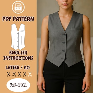 Patron de couture gilet sur mesure | Gilet ajusté boutonné pour femme PDF | Gilet de costume classique