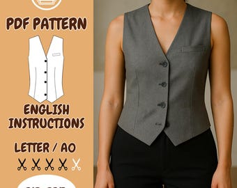 Patrón de costura para chaleco a medida / Chaleco entallado con botones para mujer (PDF) / Chaleco clásico de traje