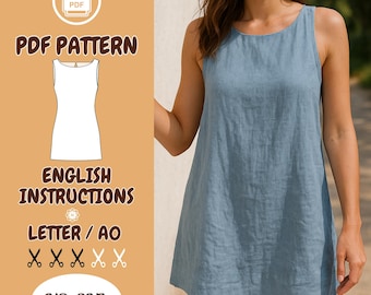 Linen Sleeveless Dress Sewing Pattern PDF |Summer Beach Summer | Beginner Summer Minimalist Dress | A-Line Tunic | A0/Letter Sizes XS–3XL