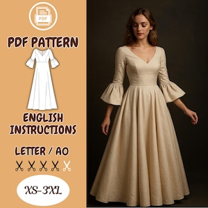 May include: A beige, long-sleeved dress with a V-neck and flared sleeves. The dress has a full skirt and is shown on a person. The image also includes a line drawing of the dress and text that reads "PDF PATTERN", "ENGLISH INSTRUCTIONS", and "XS-3XL".