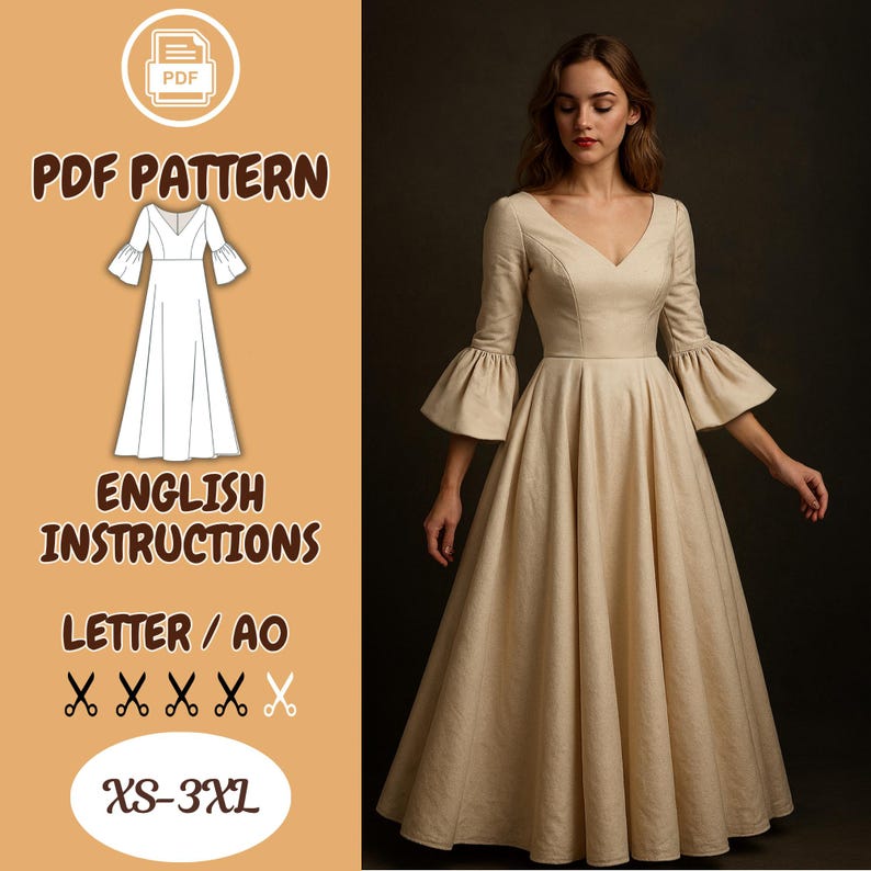 Printable Renaissance Dress Patterns Victorian Renaissance Dress Pattern, Long Length, Viking Wedding ...