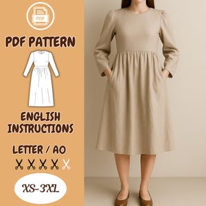 May include: A beige midi dress with long sleeves and pockets. The dress has a round neckline and a gathered waist. The image also includes text that says "PDF PATTERN", "ENGLISH INSTRUCTIONS", and "XS-3XL".