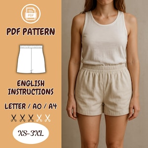 May include: A PDF pattern for shorts with English instructions. The image shows a woman wearing a matching beige tank top and shorts. The pattern includes sizes XS-3XL and is designed for Letter, AO, and A4 paper.