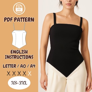 Padrão de costura para blusa regata com bainha pontuda em PDF | Padrão de blusa assimétrica em PDF | Blusa feminina fácil | Tamanhos XS–3XL | Carta A0 A4 | Blusa com alças