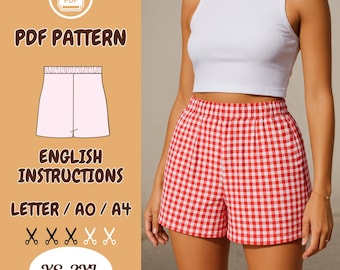 Elastische taille short naaipatroon | Gingham-ruit dames | Comfortabele zomerloungeshort | Plaid