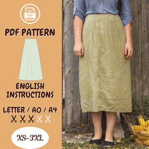 Op de afbeelding: Een PDF-patroon voor een rok, met instructies in het Engels. Het patroon is verkrijgbaar in de formaten letter, A0 en A4. De rok wordt getoond op een model dat een lichtgroene rok draagt. Het patroon is verkrijgbaar in de maten XS-3XL.