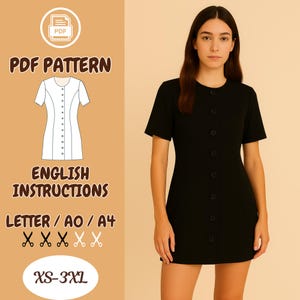 May include: A PDF sewing pattern for a black button-front dress with short sleeves. The pattern includes English instructions and is available in sizes XS-3XL. The pattern is printed on letter, A0, or A4 paper.