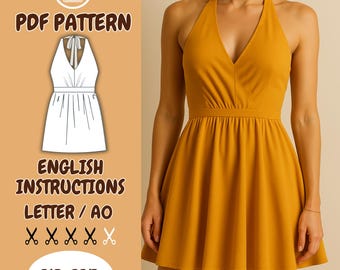 Halter Sundress PDF Pattern: Open Back Mini A-Line Dress Sewing Pattern
