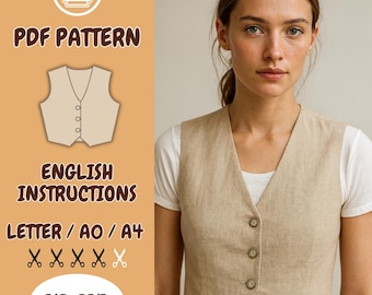 Damen Leinen Weste Schnittmuster, PDF-Download, V-Ausschnitt Weste Schnittmuster, Minimalistische kurze Weste